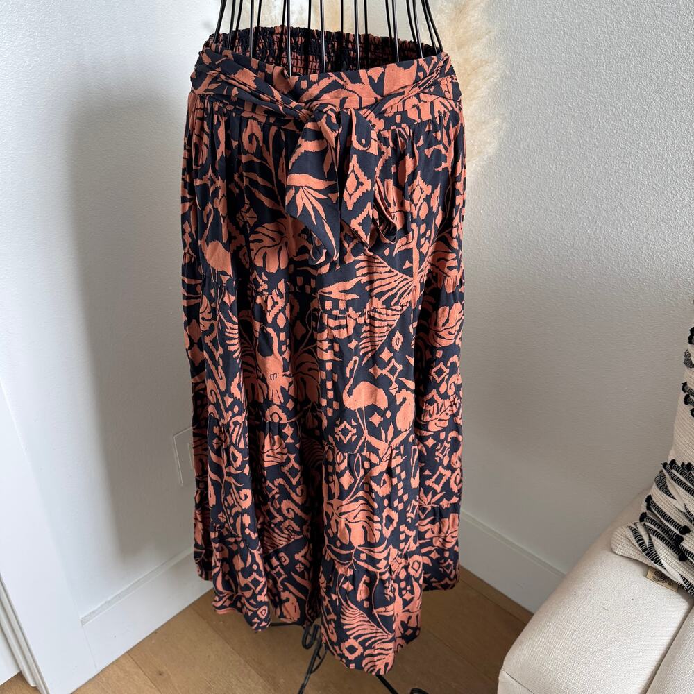 Dress Forum Tropical Aztec Tiered Maxi Skirt Smocked Boho Rust Anthro Style